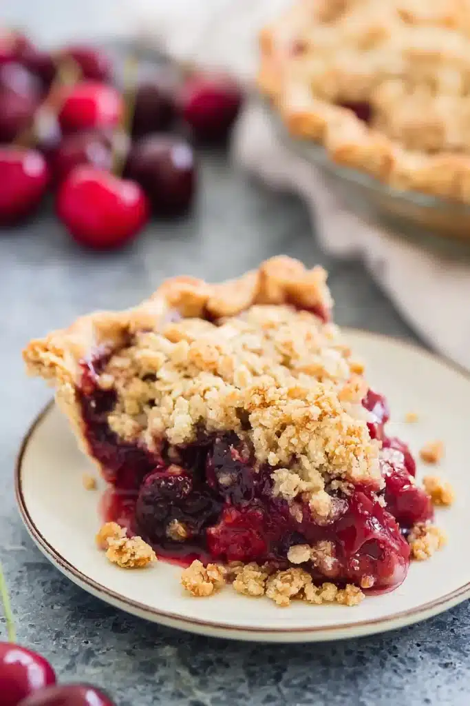 Cherry Crumble Pie 3 Cherry Crumble Pie slice with crispy topping and juicy cherry filling on plate