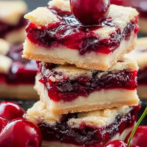 Cherry Pie Bars 3 Cherry pie bars stacked with glossy cherry filling and buttery crust layers