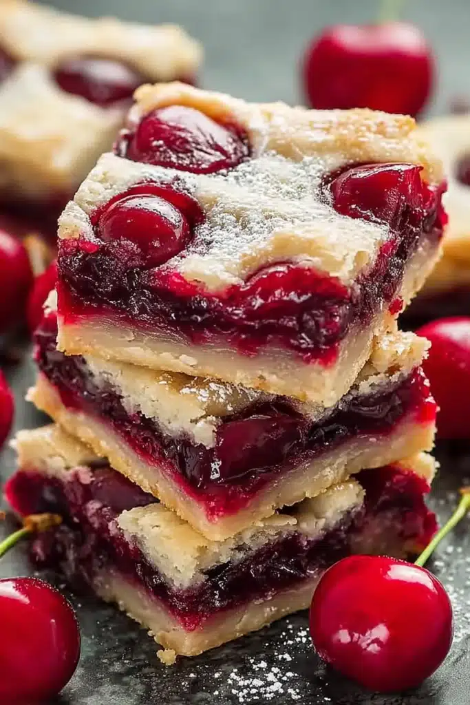 Cherry Pie Bars 2 Cherry Pie Bars stacked with glossy cherry filling and buttery crust layers