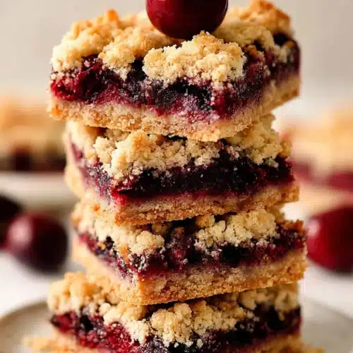 Cherry pie crumb bars stacked with buttery crust and juicy cherry filling