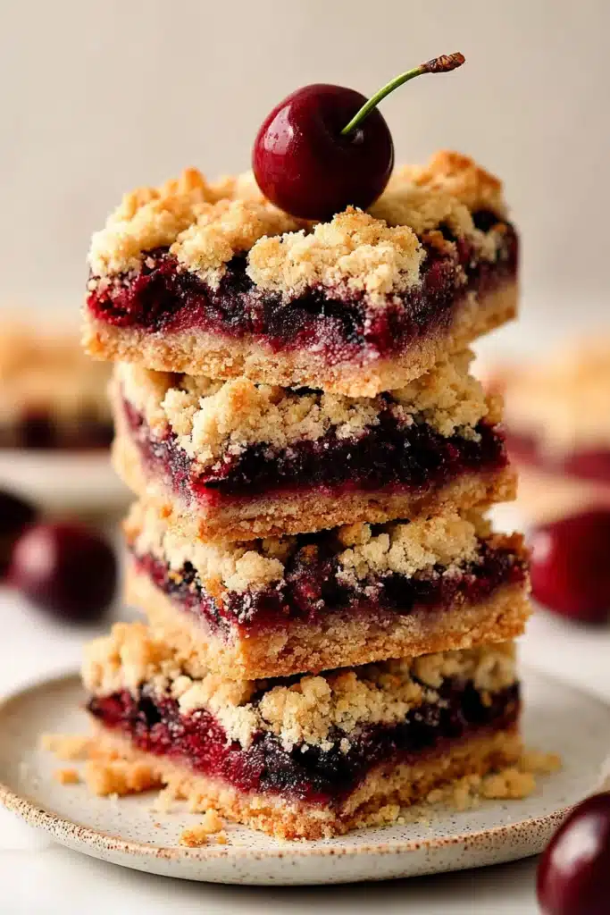 Cherry pie crumb bars stacked with buttery crust and juicy cherry filling