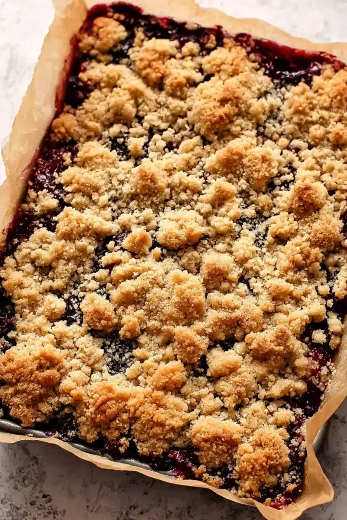 Cherry Pie Crumb Bars baked in pan with golden crumb topping