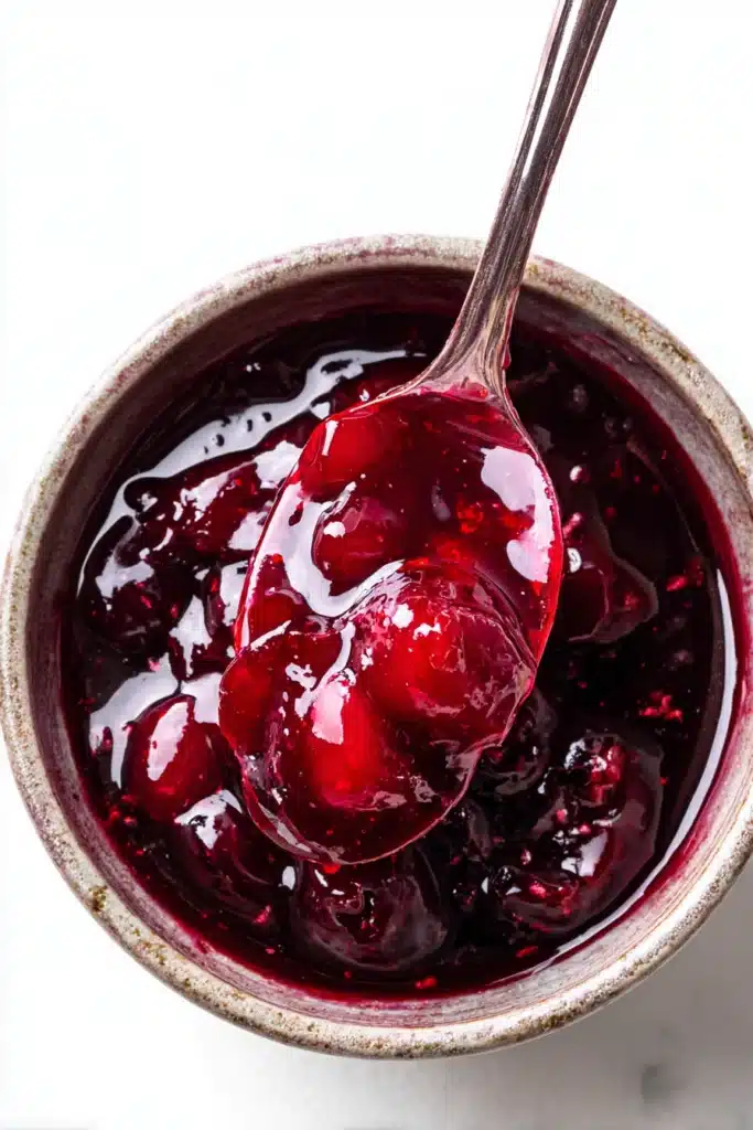 Cherry Syrup Recipe Easy, Sweet, and Irresistible 1 Thick homemade cherry syrup with spoon in bowl, glossy red fruit sauce
