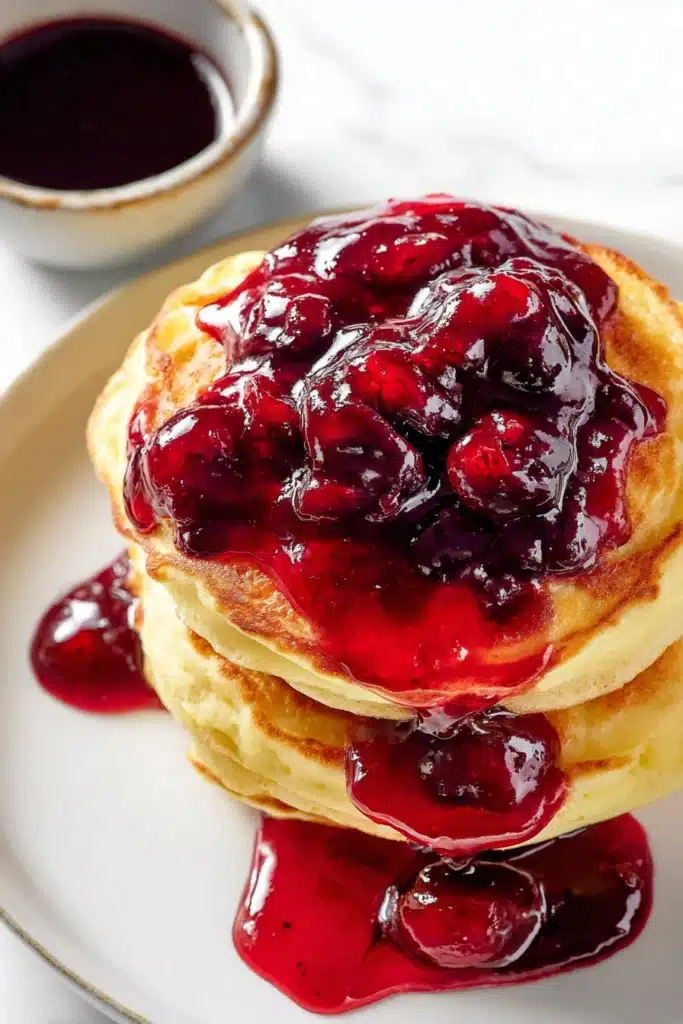 Cherry Syrup Recipe Easy, Sweet, and Irresistible 2 Cherry syrup over pancakes with thick glossy homemade cherry syrup