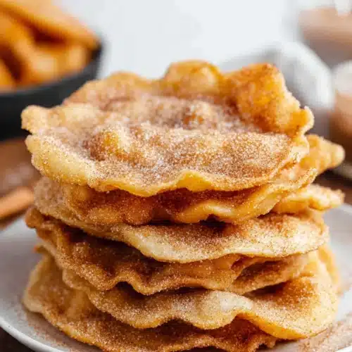 Crispy bunuelos stacked with cinnamon sugar on a plate