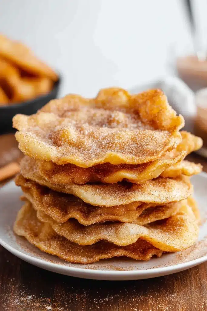 Crispy bunuelos stacked with cinnamon sugar on a plate