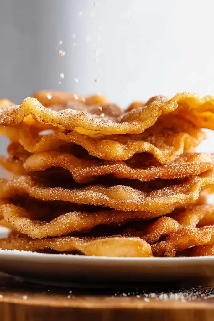Thin crispy bunuelos being pulled apart with cinnamon sugar