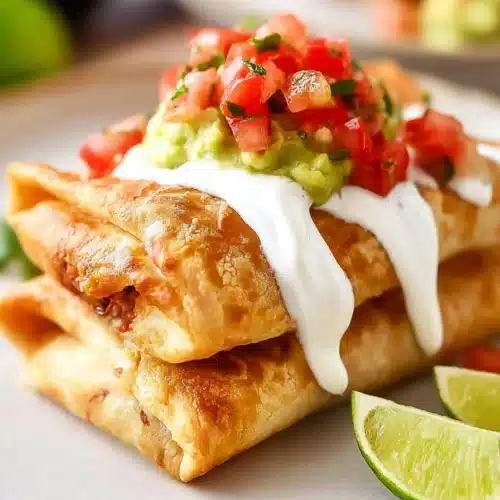 Crispy chicken chimichangas topped with salsa, guacamole, and sour cream on a plate