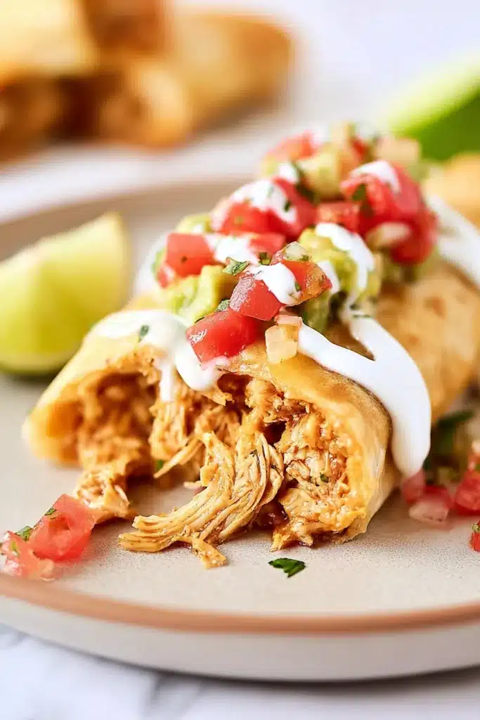 Cut Chicken Chimichangas showing shredded chicken filling with salsa and sour cream