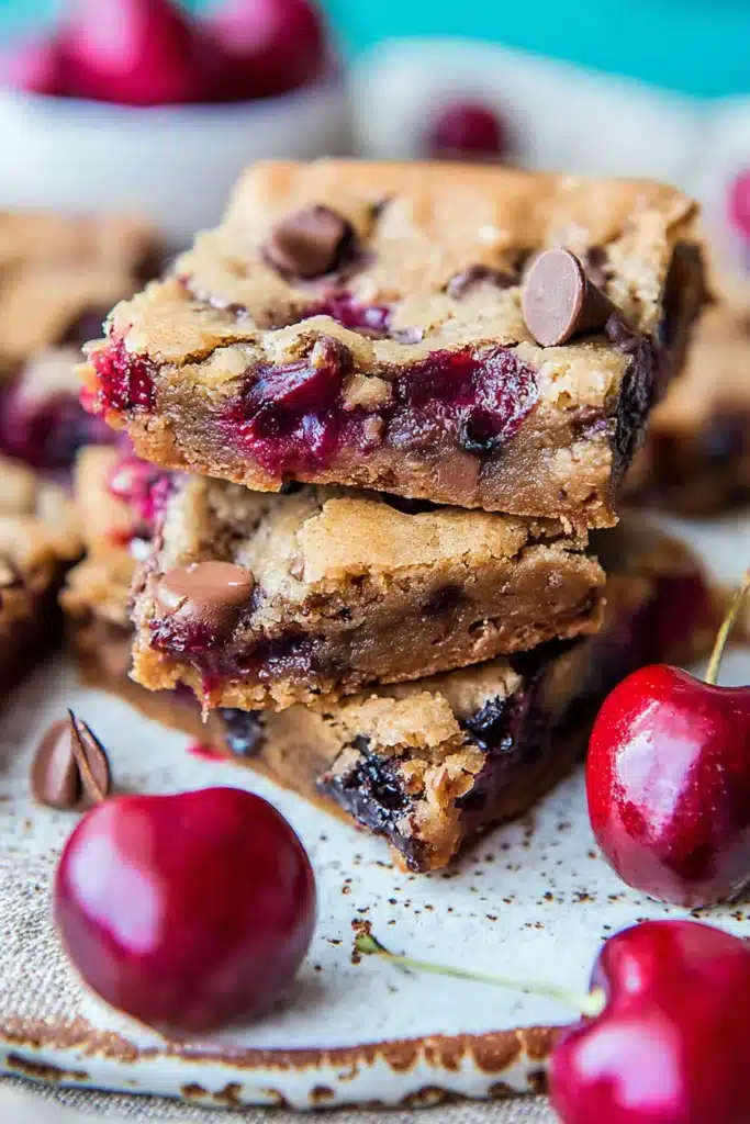 Chocolate Chip Cherry Bars Recipe Easy and Delicious Treat 1 Chocolate chip cherry bars with gooey centers and fresh cherries on a rustic surface