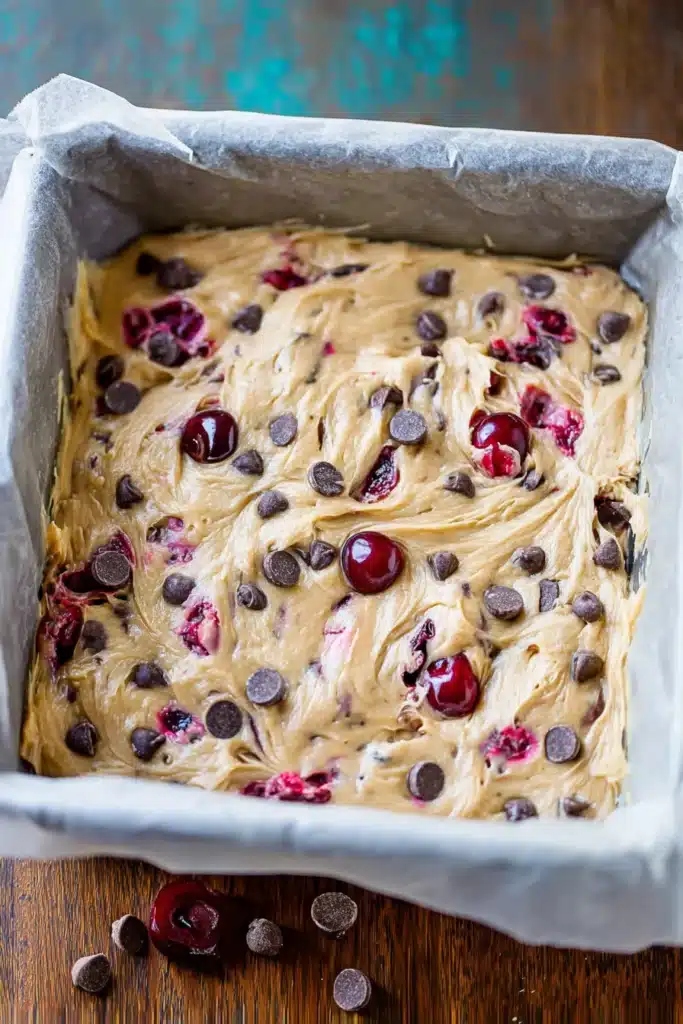 Chocolate Chip Cherry Bars Recipe Easy and Delicious Treat 2 Chocolate Chip Cherry Bars batter with chocolate chips and cherries in baking pan