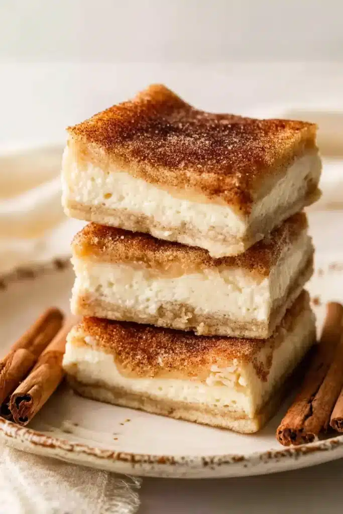 Churro Cheesecake Bars stacked with creamy layers and cinnamon sugar crust