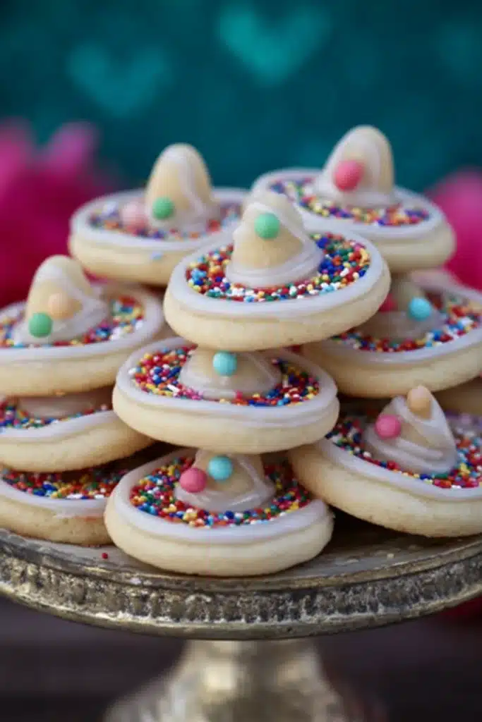 Cinco De Mayo Sombrero Cookies with sprinkles and candy tops on serving plate