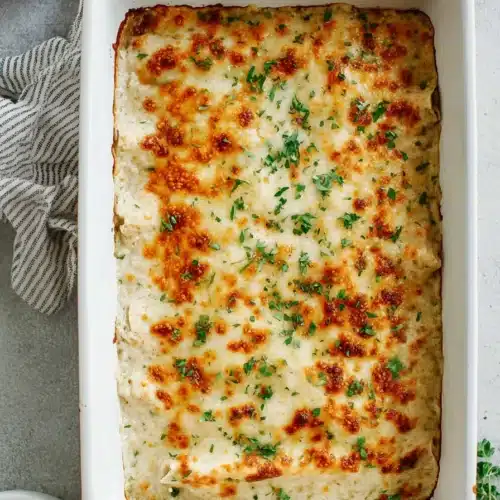 Sour Cream Chicken Enchiladas 4 Baked Sour Cream Chicken Enchiladas with golden melted cheese in dish