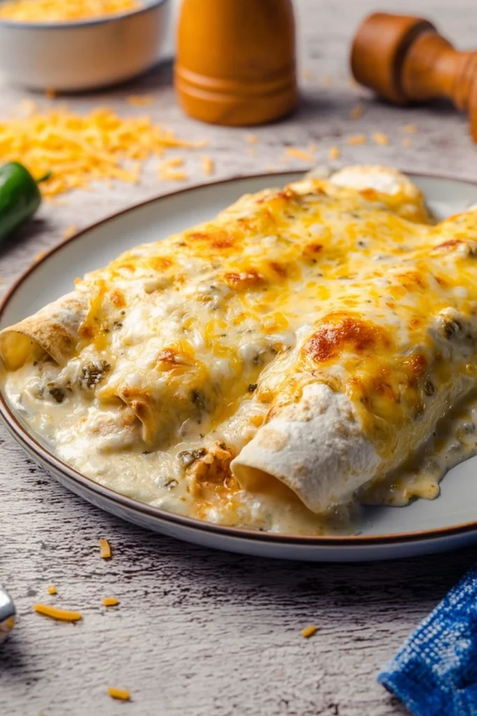 Sour Cream Chicken Enchiladas 1 Sour cream chicken enchiladas with creamy white sauce and melted cheese on plate