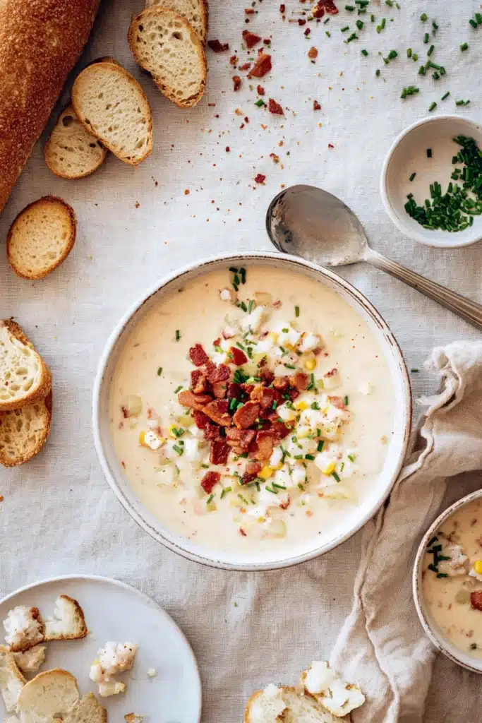 Crab And Corn Chowder served with bread and toppings in a creamy seafood bowl