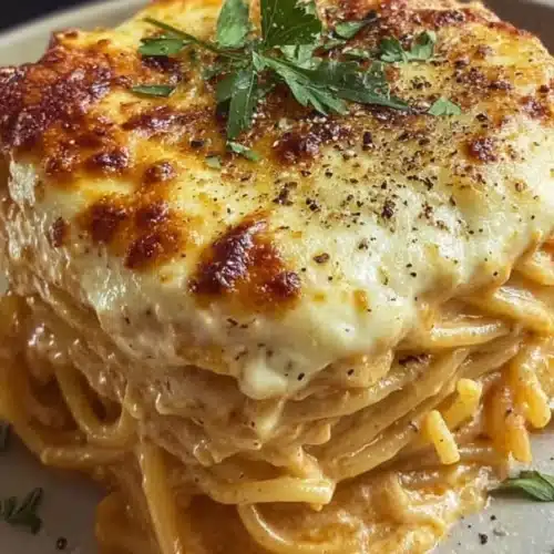 Cream cheese spaghetti casserole slice with melted golden cheese and parsley garnish