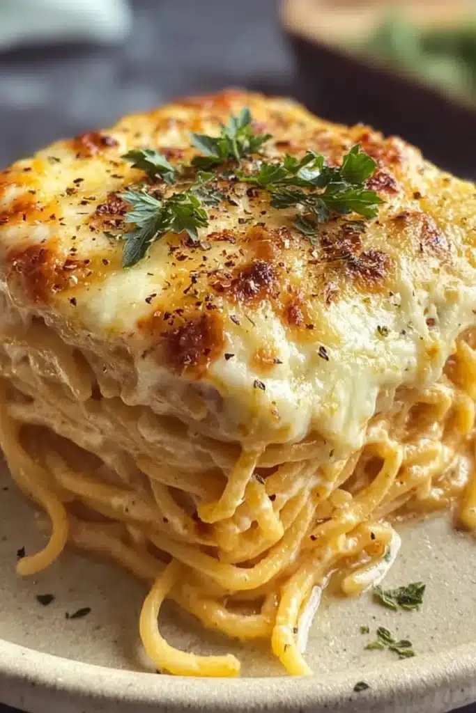 Cream Cheese Spaghetti Casserole slice with golden melted cheese and creamy layers