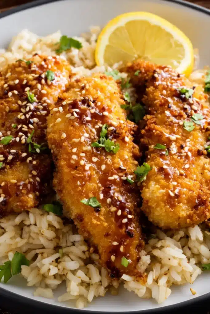Crunchy hot honey chicken with sesame seeds served over rice with lemon wedge