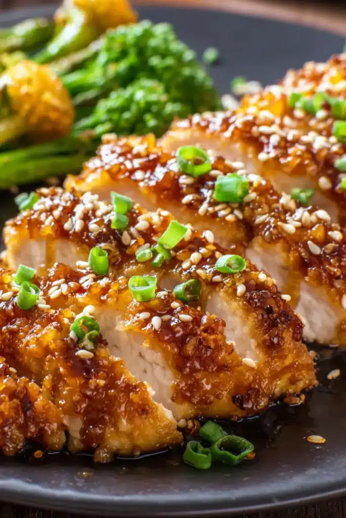 Crunchy Hot Honey Chicken sliced with sesame seeds and glaze