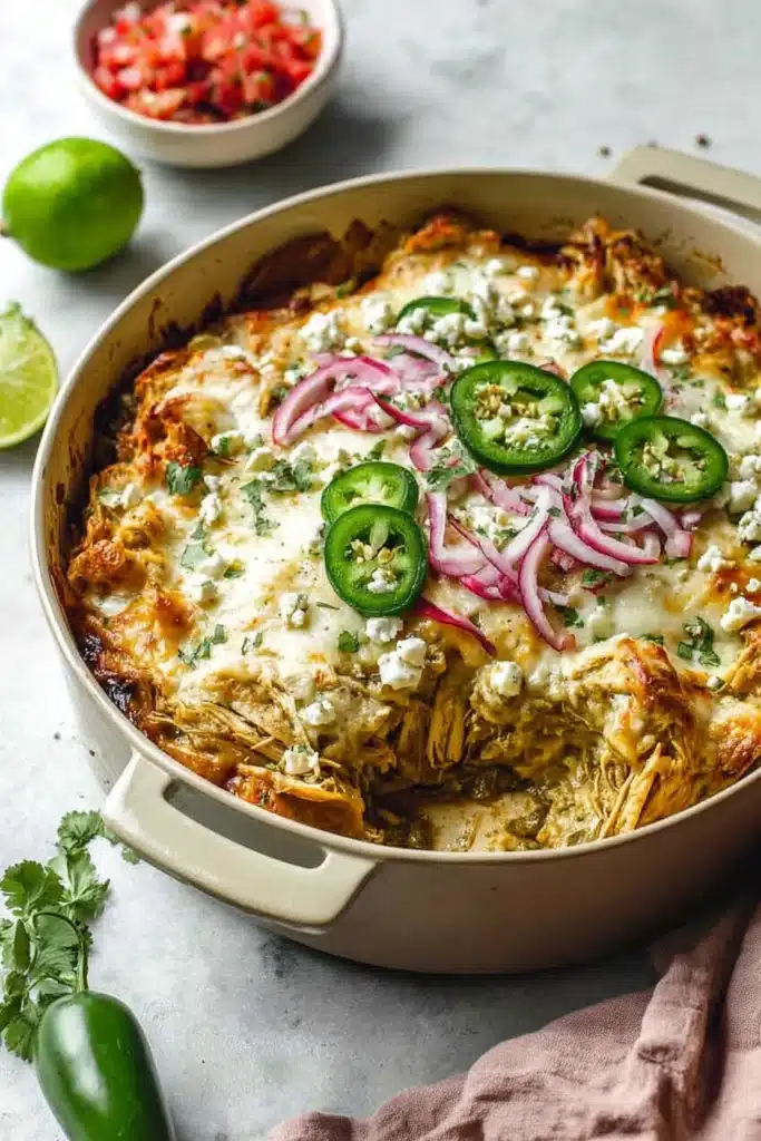Delicious Salsa Verde Chicken Casserole 2 Delicious Salsa Verde Chicken Casserole baked with melted cheese and jalapeños