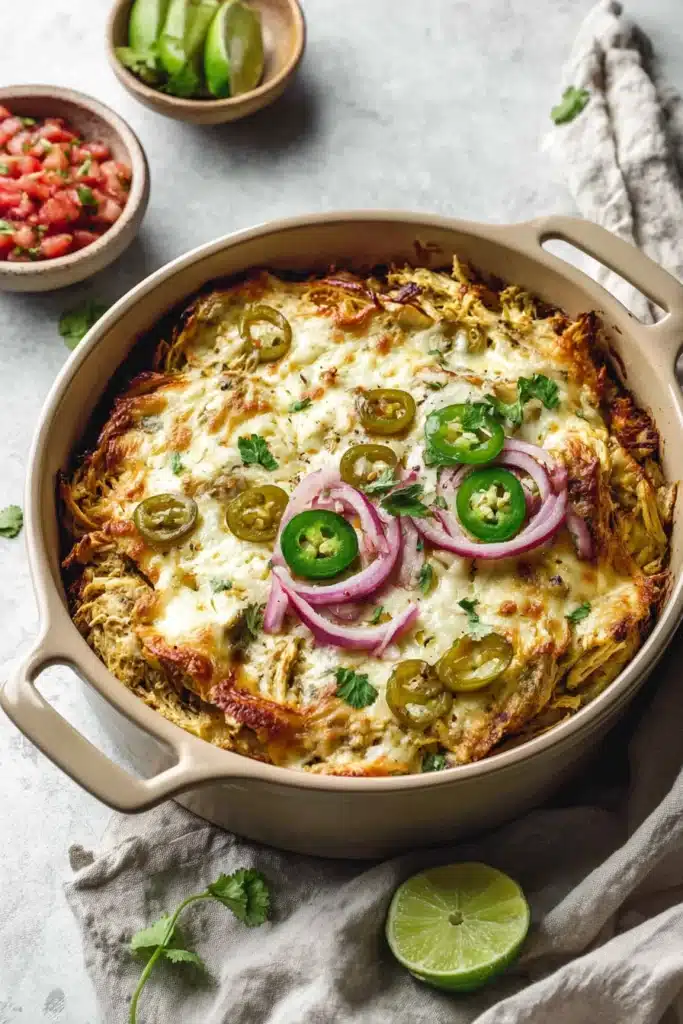 Delicious Salsa Verde Chicken Casserole 3 Delicious Salsa Verde Chicken Casserole baked with melted cheese and fresh toppings