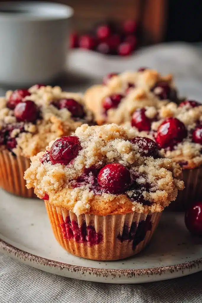 Easy Cherry Cobbler Muffins 2 Cherry streusel muffins with crumb topping and juicy red cherries on a plate