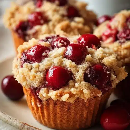 Easy Cherry Cobbler Muffins 3 Easy Cherry Cobbler Muffins with crumb topping and juicy red cherries on a plate