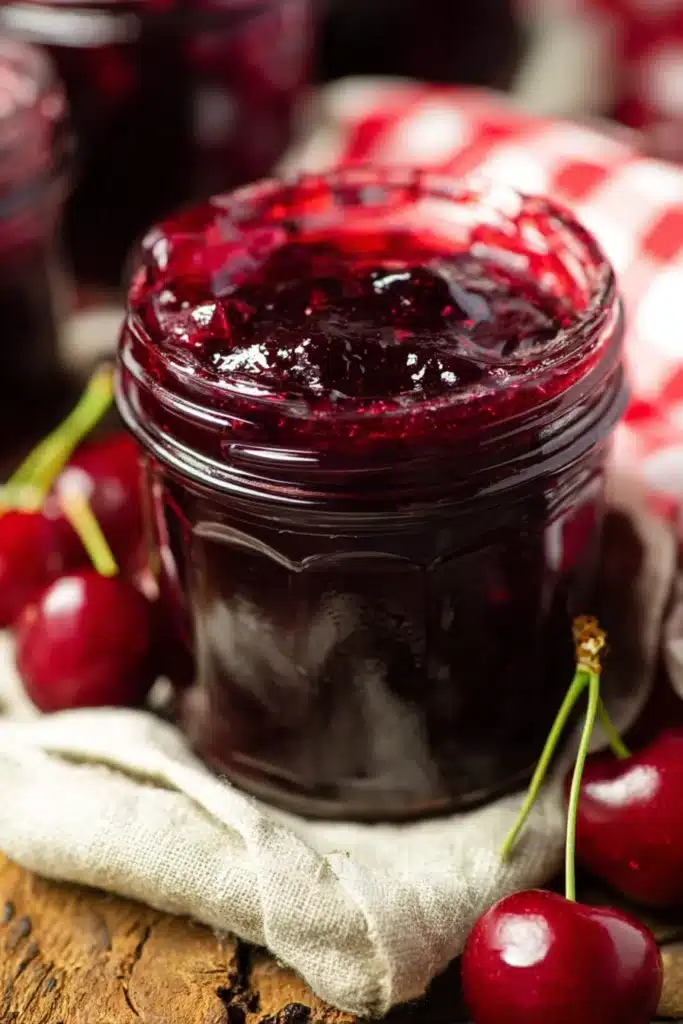 Easy Cherry Vanilla Jam Recipe You’ll Love 1 Homemade easy cherry vanilla jam in a glass jar with fresh cherries