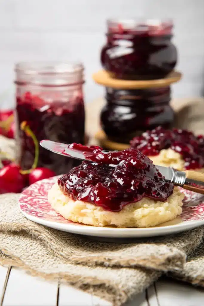 Easy Cherry Vanilla Jam Recipe You’ll Love 3 Easy Cherry Vanilla Jam spread on biscuit with knife