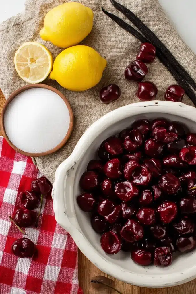 Easy Cherry Vanilla Jam Recipe You’ll Love 2 Easy Cherry Vanilla Jam ingredients with fresh cherries sugar lemon and vanilla