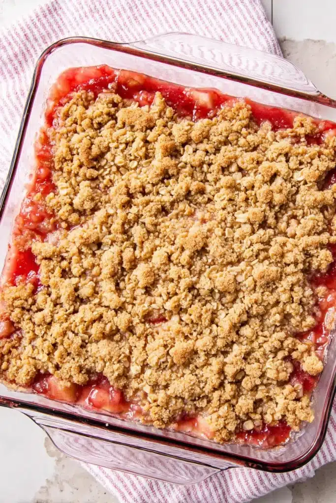 Easy Rhubarb Crisp baked in a dish with golden oat topping