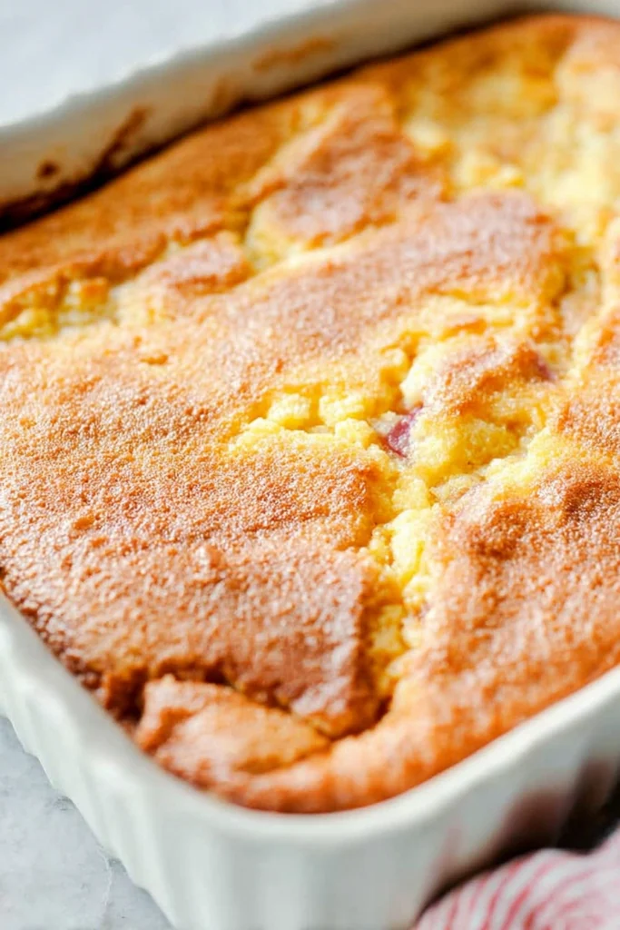 Easy Rhubarb Custard Cake Recipe That’s Creamy and Irresistible 2 easy rhubarb custard cake baked in pan with golden top