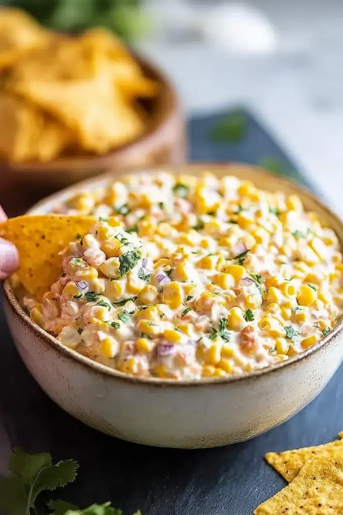 Easy Traditional Corn Dip served with tortilla chips being dipped