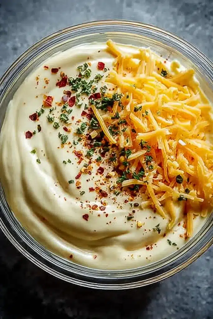 Easy Traditional Corn Dip creamy base with cheese and seasoning in bowl