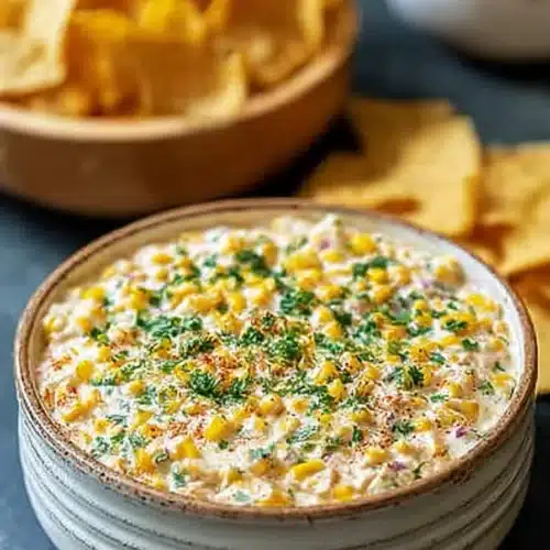Easy traditional corn dip in a bowl with tortilla chips on the side