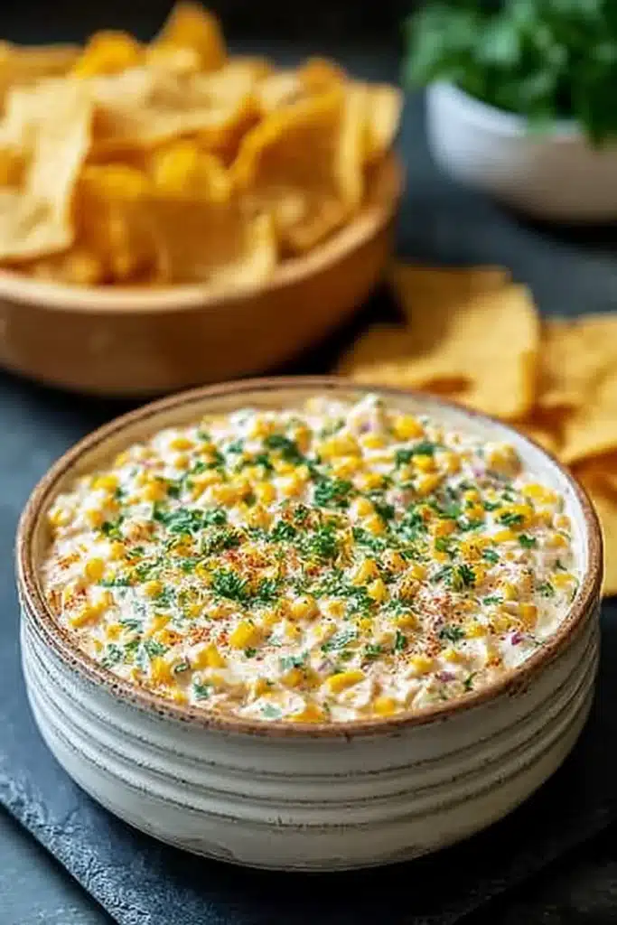 Easy traditional corn dip in a bowl with tortilla chips on the side