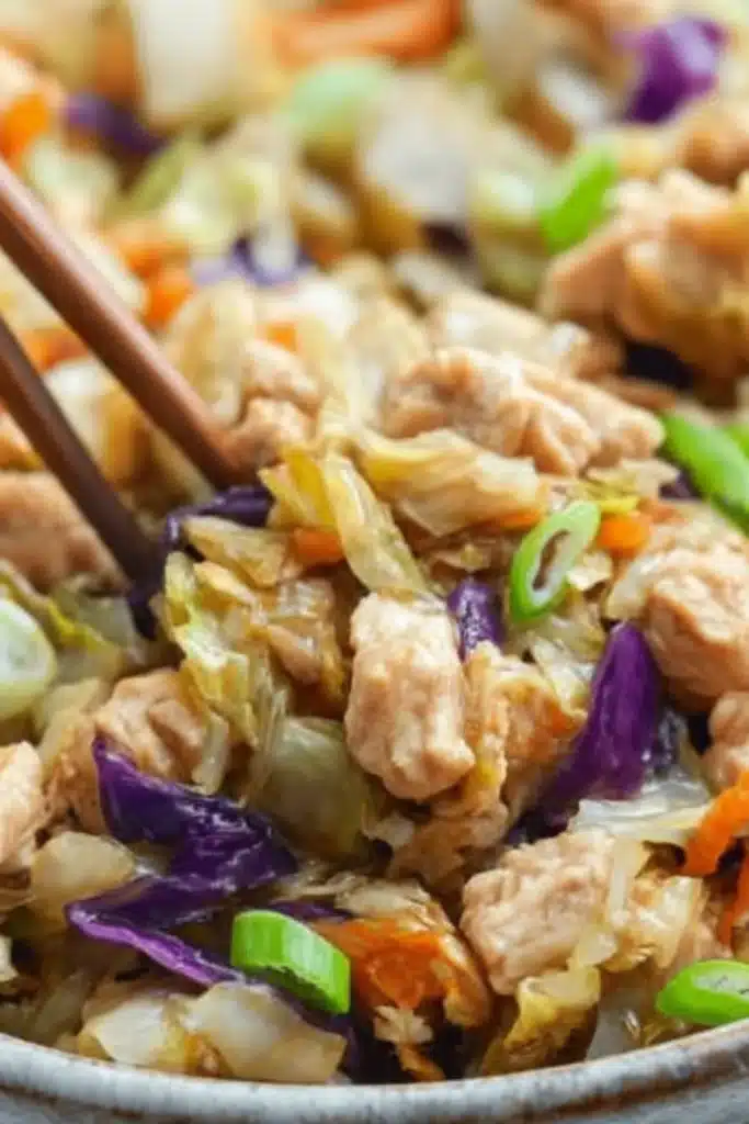 Egg Roll Bowls with Chicken and Cabbage close up with chopsticks lifting bite