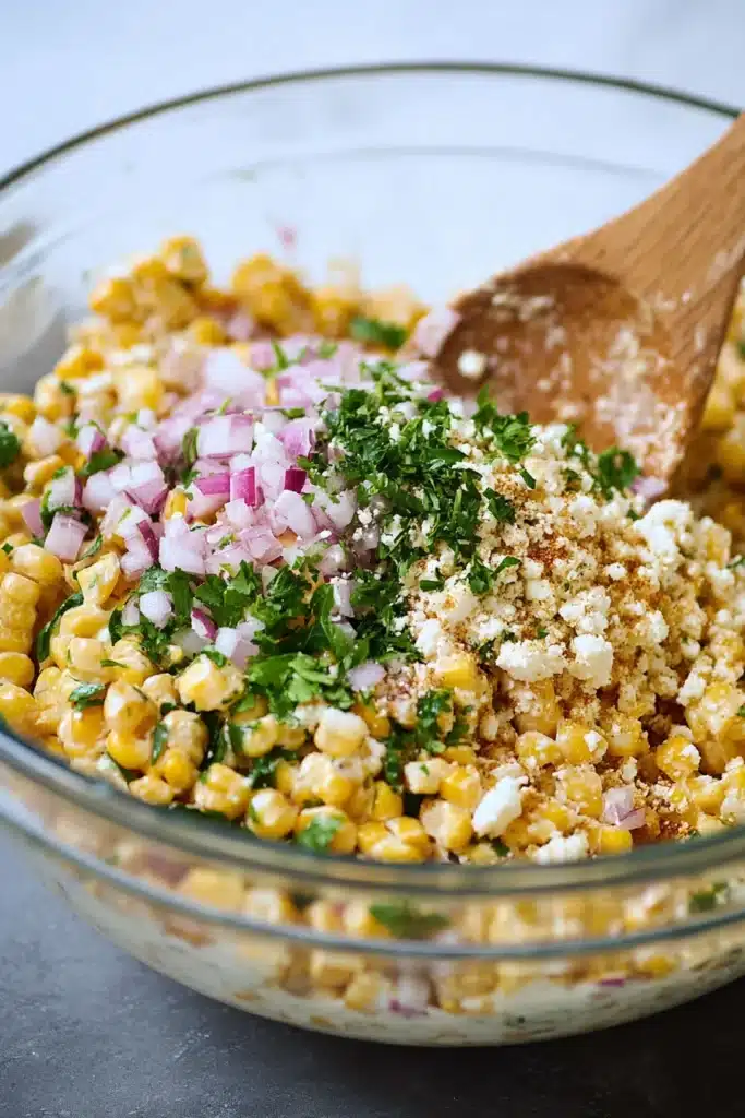 Elote Corn Salad Recipe for a Creamy and Flavorful Side 2 Elote Corn Salad ingredients being mixed with corn, cheese, and herbs