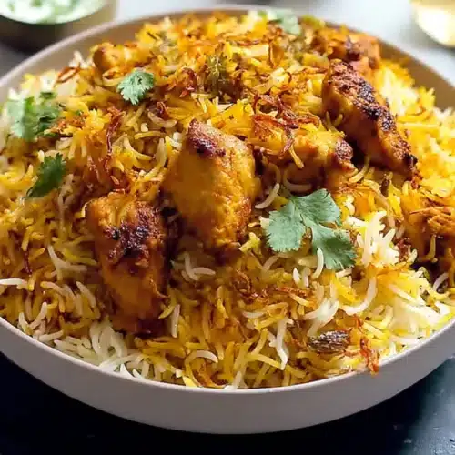 Fragrant butter chicken biryani with fluffy rice, crispy onions, and herbs in a bowl