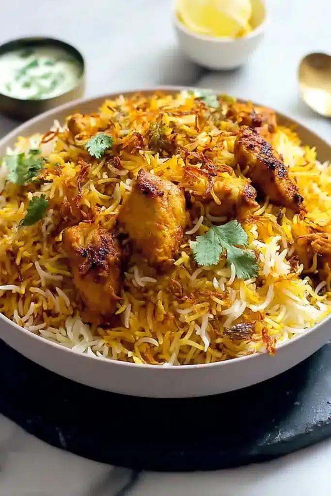 Fragrant butter chicken biryani with fluffy rice, crispy onions, and herbs in a bowl