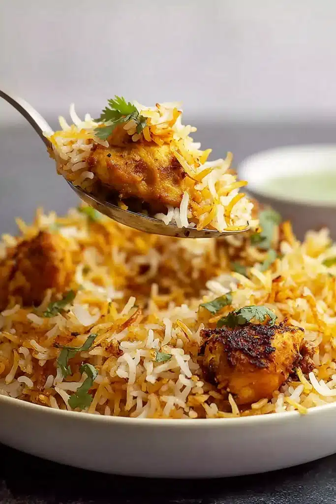 Fragrant Butter Chicken Biryani spoonful with fluffy rice and tender chicken