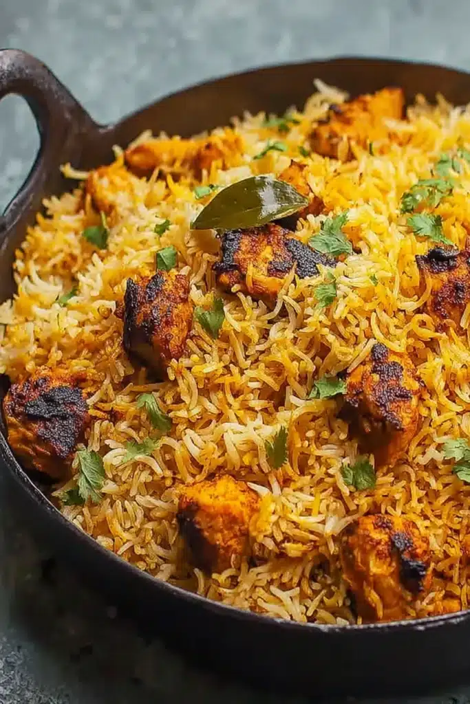Fragrant Butter Chicken Biryani in cast iron skillet with fluffy rice and charred chicken