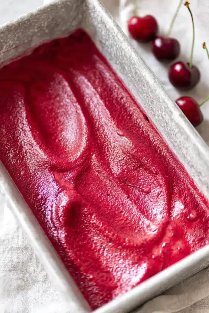 Fresh Cherry Sorbet 2 Fresh Cherry Sorbet in container with smooth texture and rich color