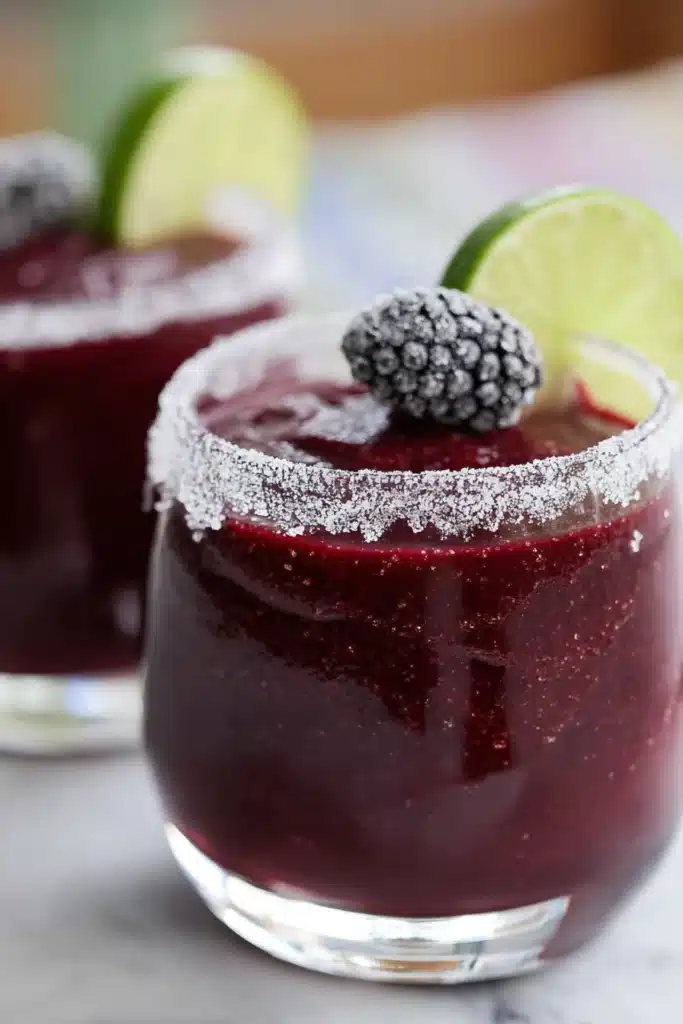 This frozen blackberry margarita features a rich, icy texture with fresh lime and a salted rim, creating a vibrant and refreshing cocktail perfect for summer gatherings.