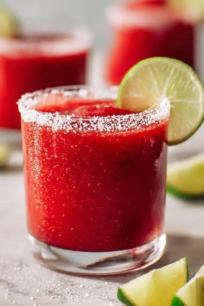 Frozen strawberry margarita with salted rim and lime garnish in glass