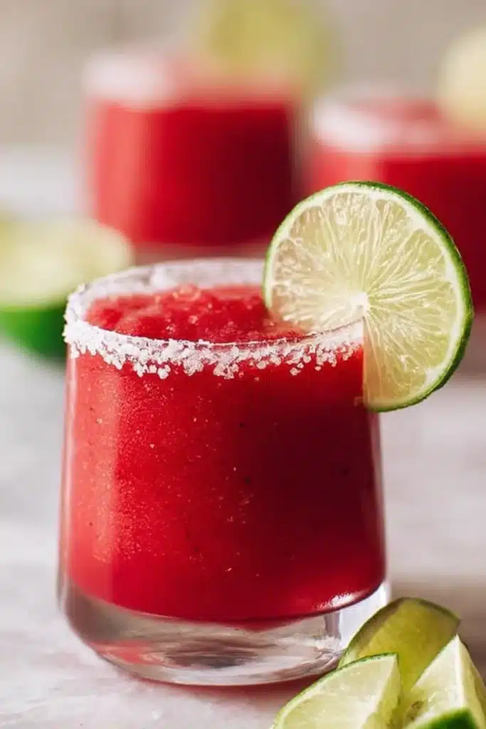Frozen Strawberry Margarita with salted rim and lime slices