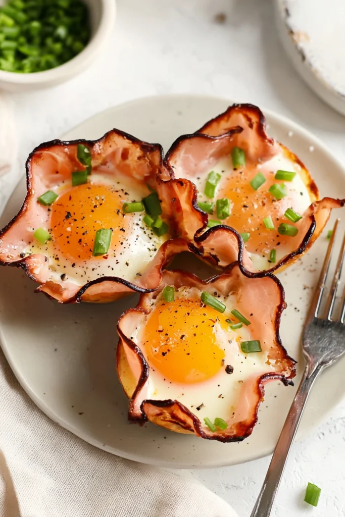 Ham and cheese egg cups with runny yolks and green onions on a plate
