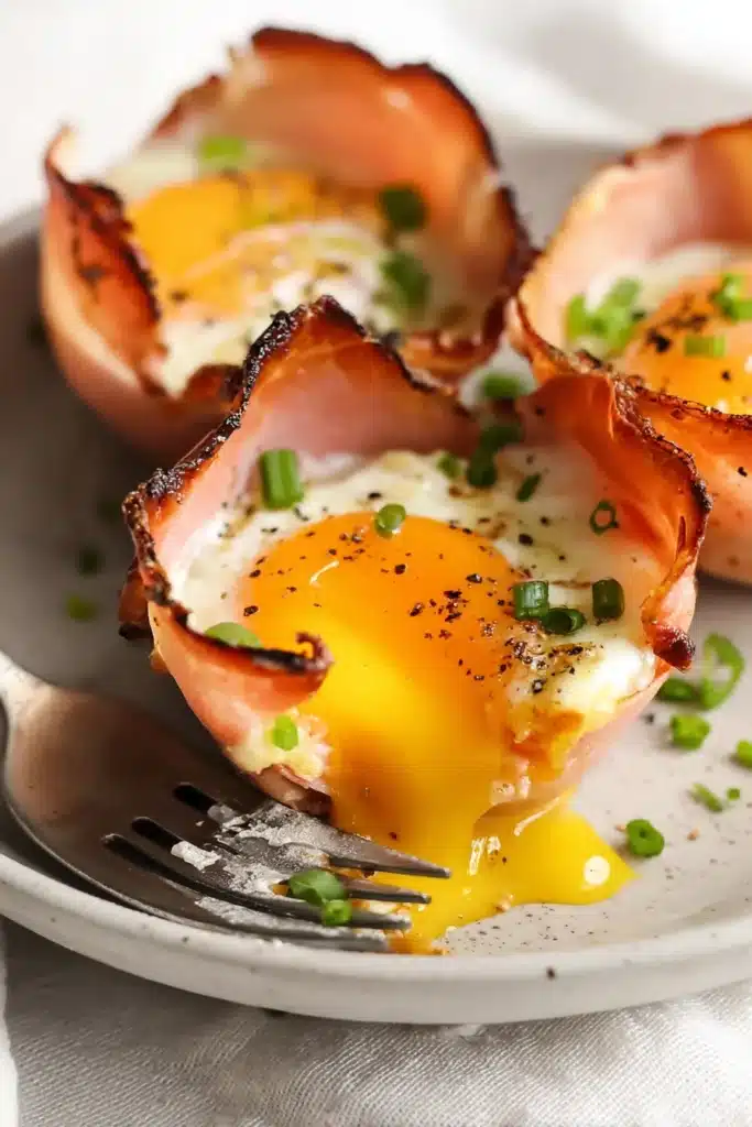 Ham and Cheese Egg Cups with runny yolk and crispy ham edges