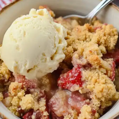 Keto strawberry rhubarb crumble with vanilla ice cream in a bowl